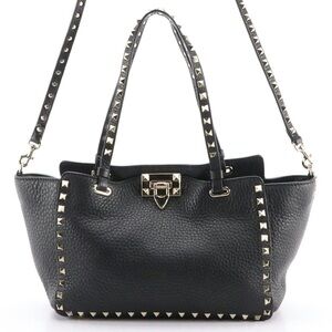 Valentino Garavani Small Rockstud Black Gorgeous Pebbled Leather Two-Way Tote
